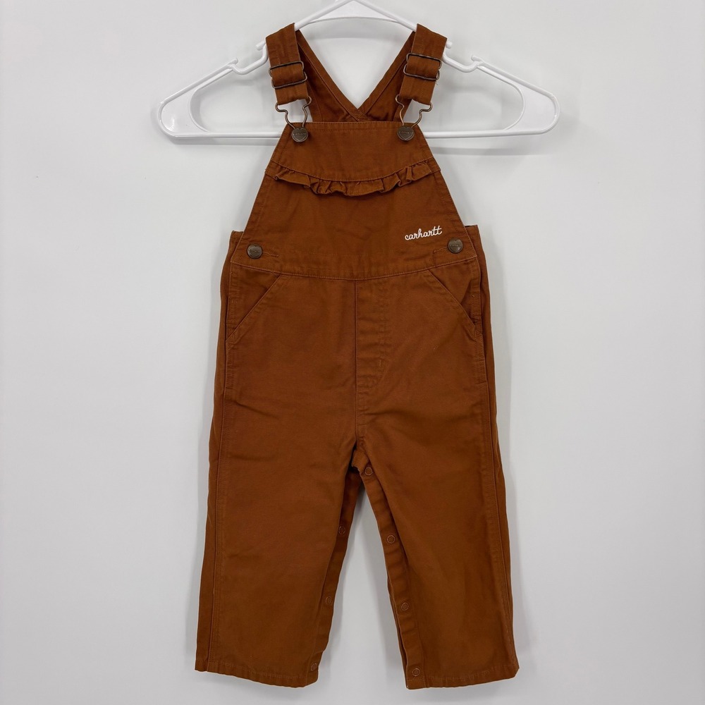 Carhartt Bib Overalls Kids 18M Brown Excellent Ruffle Heart Hardware Canvas